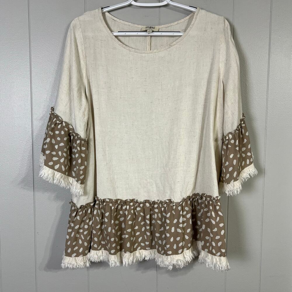 Umgee Linen Blend Tunic Top Large Oatmeal Ruffle Fringe Hem